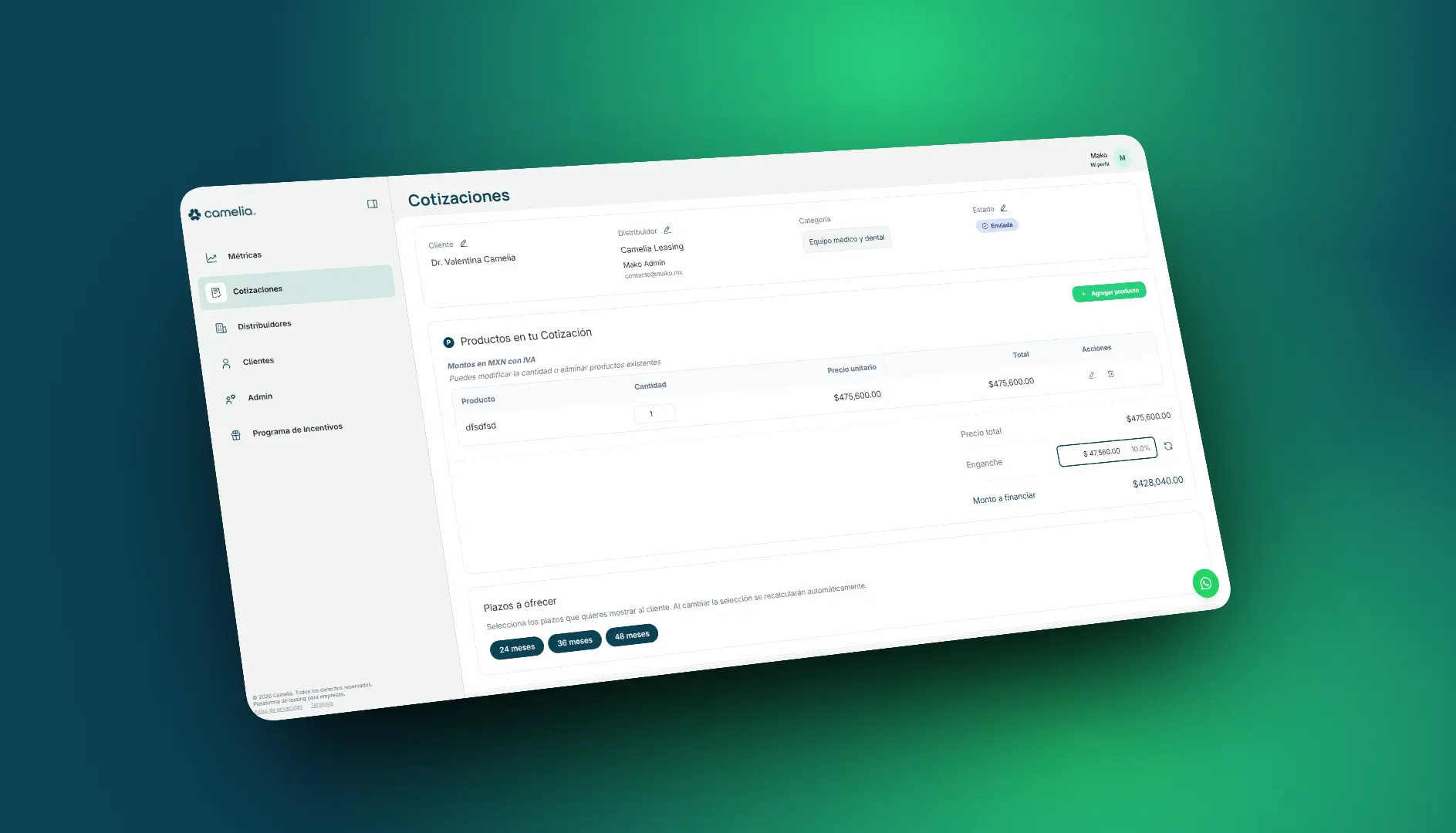Plataforma de cotización de arrendamiento puro Camelia — proceso digital en 3 pasos