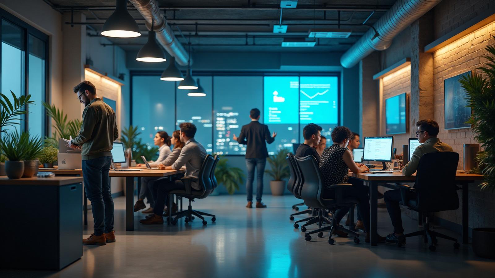 Emprendedores trabajando con tecnología innovadora en startup moderna utilizando arrendamiento puro para impulsar la innovación